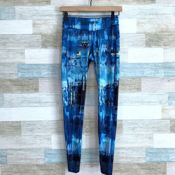 Reebok Mid Rise Running Tights Blue Abstract Print Womens Size XS - Picture 1 of 7